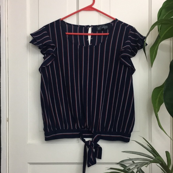 Sweet Wanderer Navy Pinstripe Flutter Sleeve Top - Picture 10 of 11
